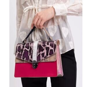 Ebarrito Italy Leather Top Handle Bag Colorblock Snake Chic Handmade Structured